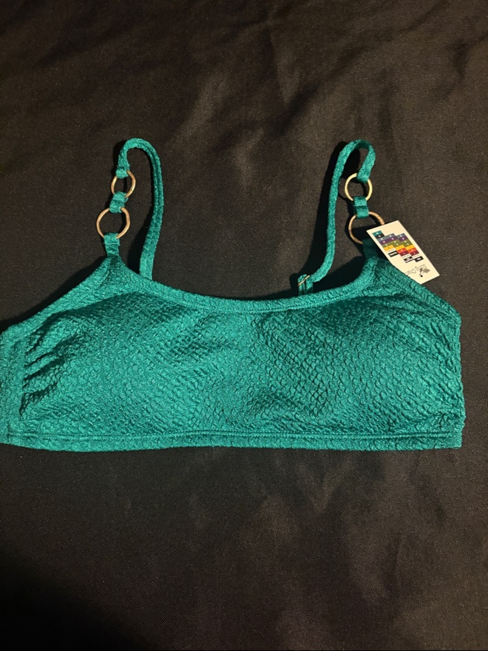 Time and Tru Teal Textured Swim Bralette with Gold Ring Straps